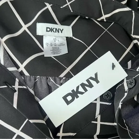 DKNY NWT Button Front Puff Sleeve Belted Midi Dress Size 8 - Picture 16 of 16